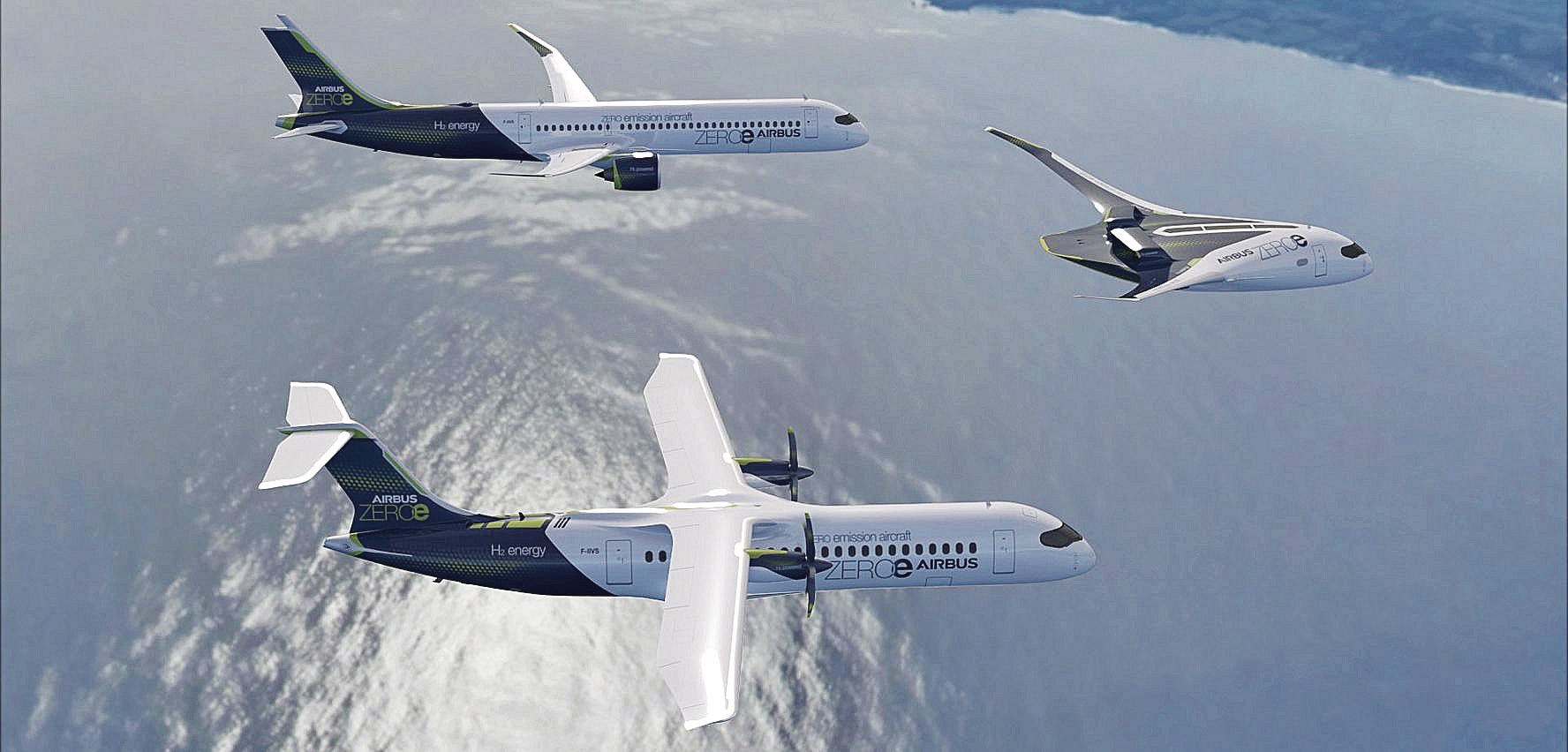 Airbus ha presentado tres tecnologías de aviones de hidrógeno: motor a reacción, turbohélice y ala mixta. | AIRBUS